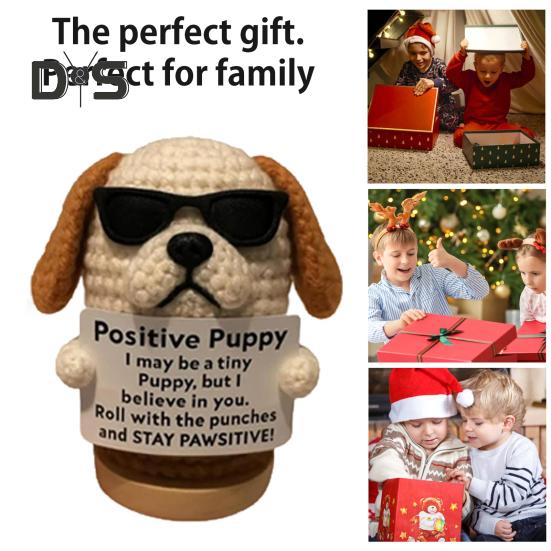Păpușă Cățel Croșetată Cățel de Sprijin Emoțional Handmade cu Card Inspirațional Ornament Pozitiv Mini Câine Croșetat Cadou pentru Încurajare