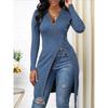Women's Solid Color Long Sleeve Zip V Neck High Slit Long Ribbed Shirt