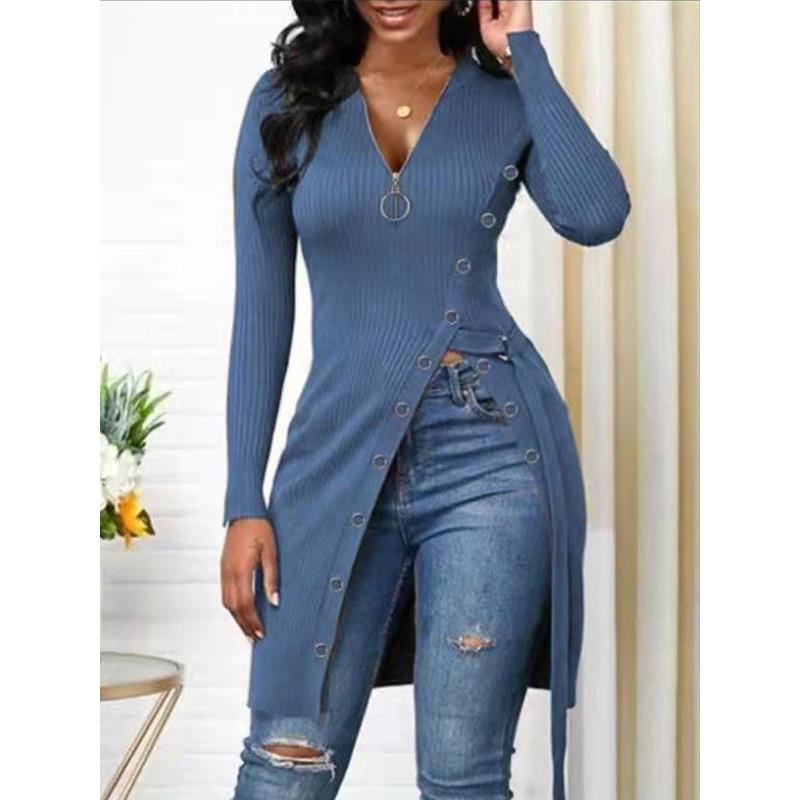 Women's Solid Color Long Sleeve Zip V Neck High Slit Long Ribbed Shirt