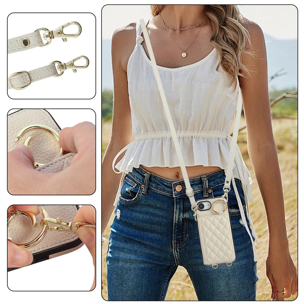 Für iPhone 16e Hülle Ständer Rautenmuster Leder+TPU Handyhülle mit Schultergurt