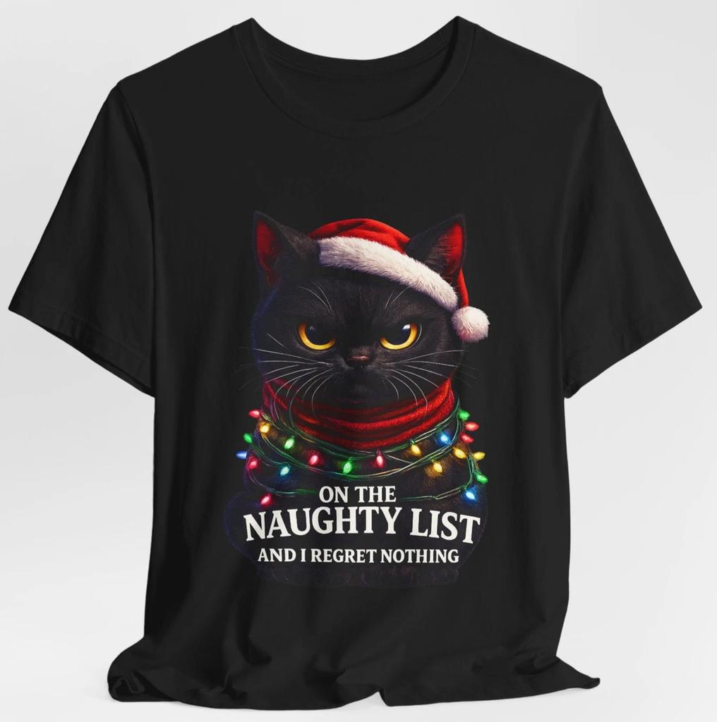 Funny Black Cat Christmas Shirt Naughty List Tee Holiday Humor Gift