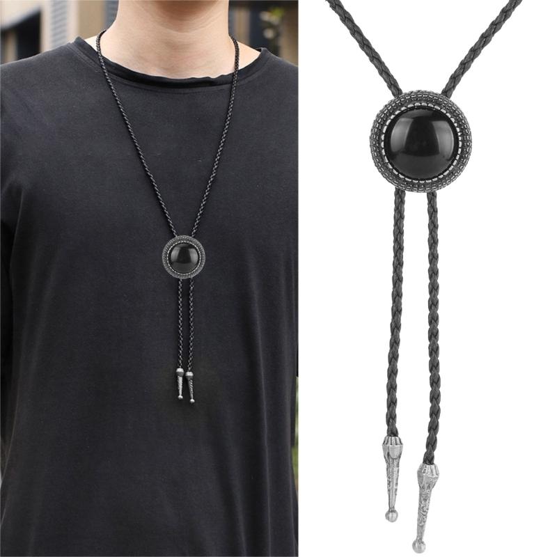 Handmade Vintage Bolo Tie for Women Mens Western Cowboy Leather Rope Necktie with Round Stone Pendant Jewelry Necklace