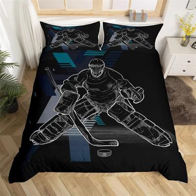Eishockey-Bettbezug, Puck-Hockey-Spieler, Winter-Event-Bettwäsche-Set, Jungen, Sportspiel-Bettbezug, schwarzer Polyester-Bettbezug