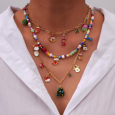 2025 Santa Claus & Christmas Tree Rice Bead Choker - European/American Fashion Stainless Steel