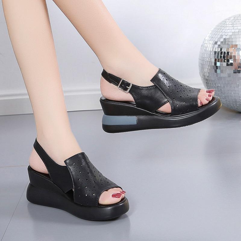 Thick-soled Wedge Sandals Women's New Summer High-heeled Fish Mouth Women's Shoes Hollow-out Heightening Muffin Large-size Sandals