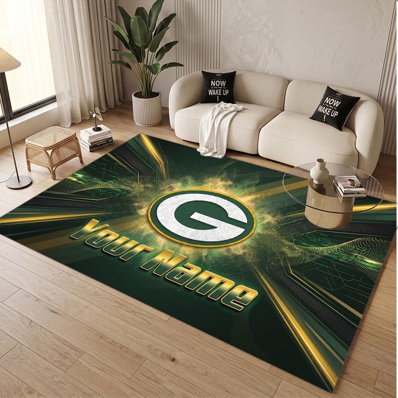Custom Rug Green Bay Packers Pattern Print Name Text Soft Non‑Slip Floor Carpet for Home Indoor Decoration