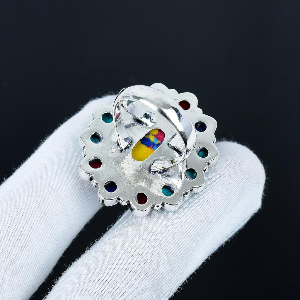 Beautiful Mosaic Japser Gemstone Ring, 925 Sterling Silver Ring, Gift For Her, Oval Stone ,Elegant Handmade Ring, Mosaic Japser Flower Silver Ring