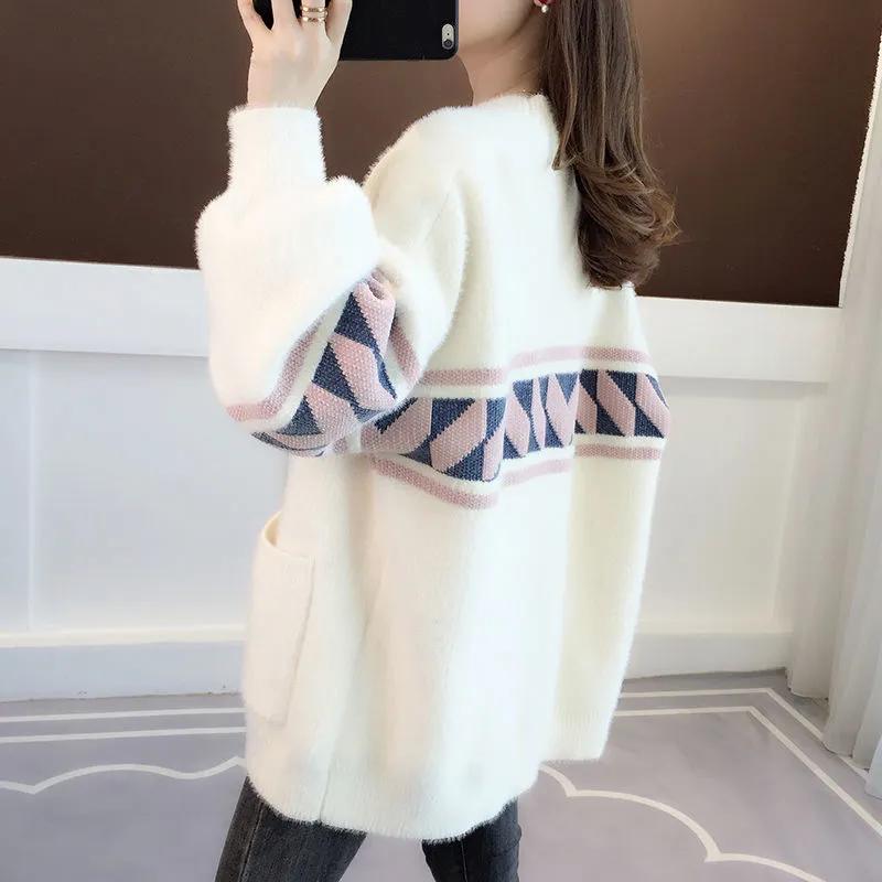 Women Mink Fleece Jacket Plus Size Sweater Knit Cardigan Korean Loose Single Breasted  Long Sleeve Coat