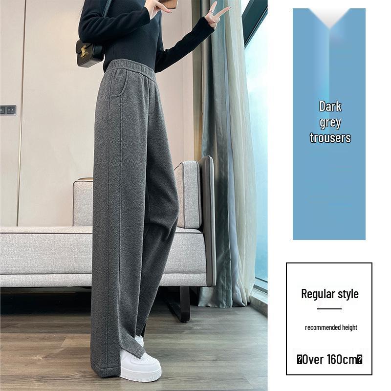 Aige Women s Fleece-Lined Woolen Herringbone Slit Pants - Autumn/Winter Casual Straight-Leg Trousers. M 91-105 lbs