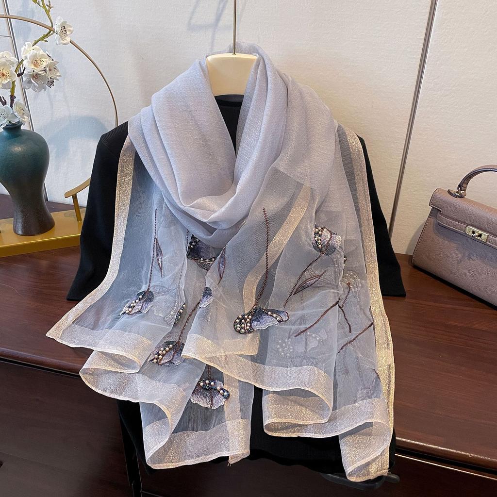 Neuer dünner Schal für Frühling und Sommer, Seidenmischung, Herbst und Winter, für Damen, modischer Perlen-Stickschal mit hochwertigem Schal
