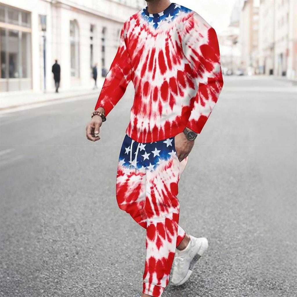 Men Torn Ripped Effect American Flag Star Print Long Sleeve Sweatshirt And Jogger Pants Two Piece Outfit