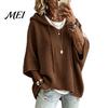 Fall Pullover Sweater Autumn Women Knit Sweater, Loose Fit Drawstring Hooded Solid Color 3/4 Sleeve Drop Shoulder Casual Long Tops
