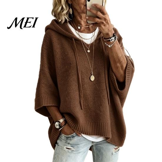 Fall Pullover Sweater Autumn Women Knit Sweater, Loose Fit Drawstring Hooded Solid Color 3/4 Sleeve Drop Shoulder Casual Long Tops
