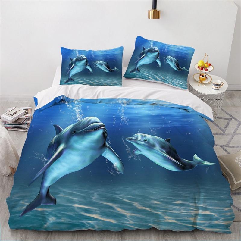 Dolphin Ocean King Queen Duvet Cover Cute 3D Sea Animal Bedding Set for Kids Teens Adults Shoal of Fish Blue 2/3pcs Quilt Cover