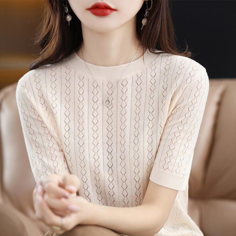 Ice Silk Short Sleeved T-shirt Women's Summer Round Neck Hollow Out Loose and Versatile Knitted Half Sleeved Base Shirt Top