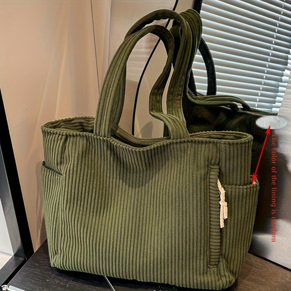 A Casual Corduroy Handbag with Zip Closure, Lightweight and Large Capacity, Fixed Shoulder Strap and Polyester Lining, Solid Everyday Commuter Handbag