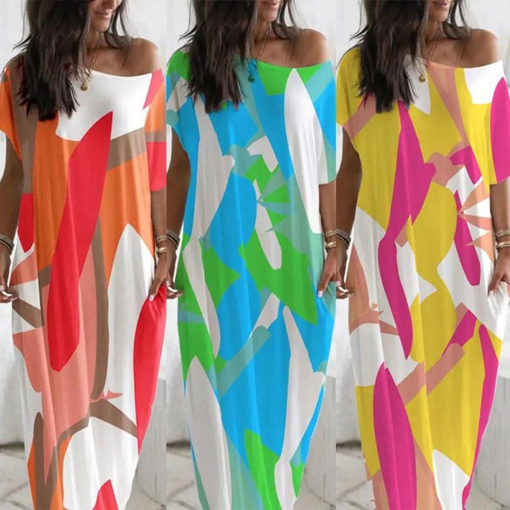 2024 Summer New European and American Women's Fashion Round Neck Short Sleeves Printing Loose Long Dress