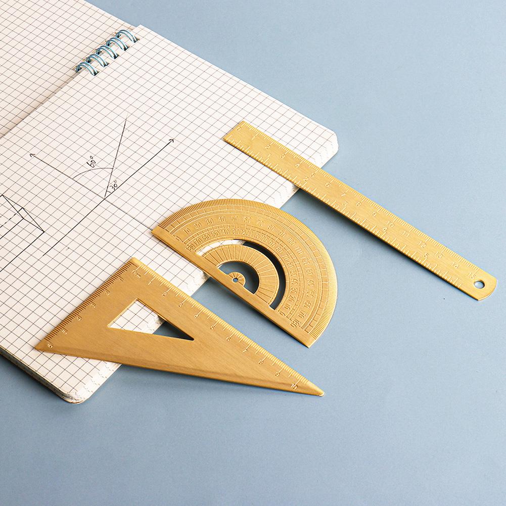 Vintage Brass Straight Ruler For Students Creative Metal Triangle Ruler Protractor Stationery Measuring Tool School Supplies New