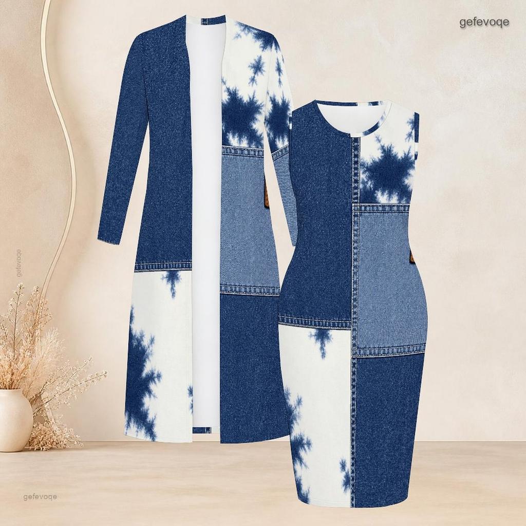 Women Plus Size Two Piece Set Long Sleeve Open Front Cardigan Sleeveless Bodycon Dress Abstract Printed Blue White Beige