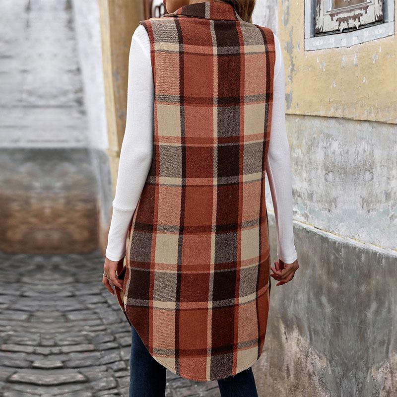 Autumn and Winter New Sleeveless Lapel Plaid Vest Jacket Retro Medium and Long