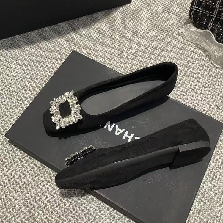 Square Head Shallow Mouth Single Shoes Women's Flat Bottom 2025 New Summer Shoes French Temperament Rhinestone French Black Ladyshoes