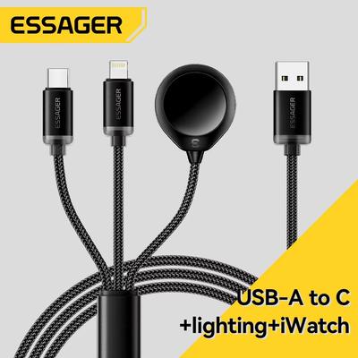 Essager Cabo de carregamento 3 em 1 Multi USB A para Apple iWatch iPhone 16/15/14/13 Pro com cabo de carregamento rápido USB tipo C Lightning