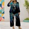 Women Plus Size Red Printed Round Neck Long Sleeve Layered Top Wide Leg Cropped Pants Two Piece Set