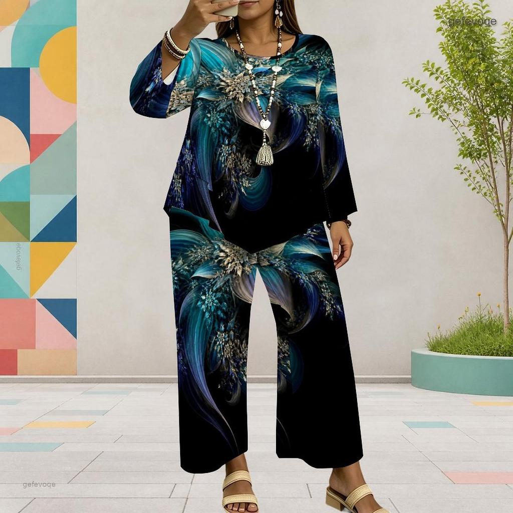 Women Plus Size Red Printed Round Neck Long Sleeve Layered Top Wide Leg Cropped Pants Two Piece Set