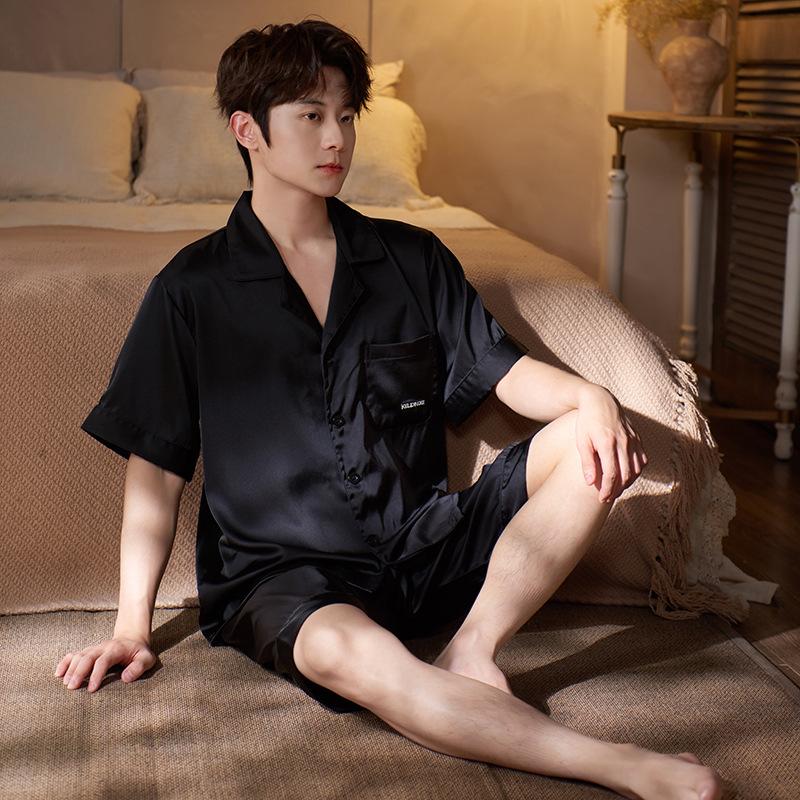 Pajamas Men's Summer Ice Silk Short Sleeve Shorts Silk Loungewear Men's Simulation Silk Thin Cardigan Casual Suit