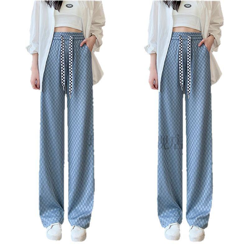 2025 Women's Checkered Wide-Leg Ice Silk Pants - Slim-Fit, High-Waisted, Draped, Summer & Spring