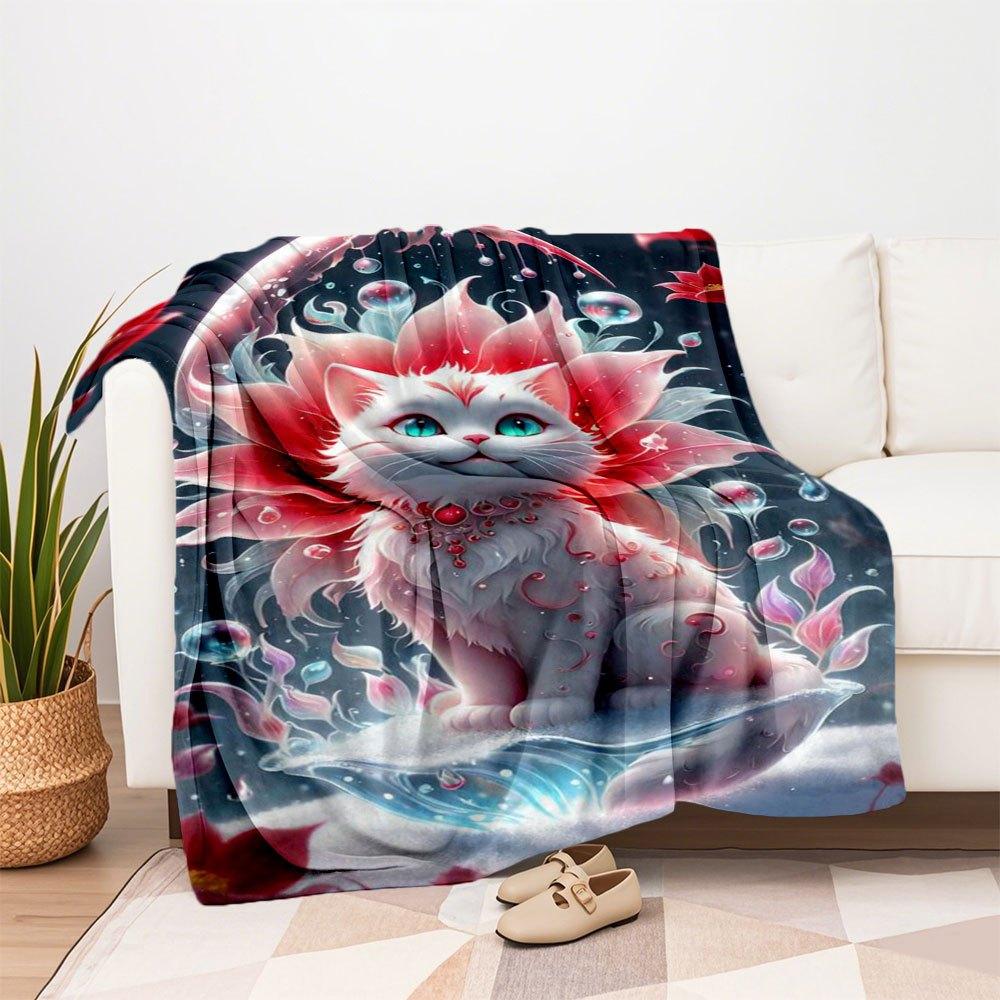 "Enchanted Floral Fantasy Cat Art Print"Blanket Flannel Throw Blanket for Sofa, Bed, Travel, Camping, Office, Couch, Chair, And Bed Gift for