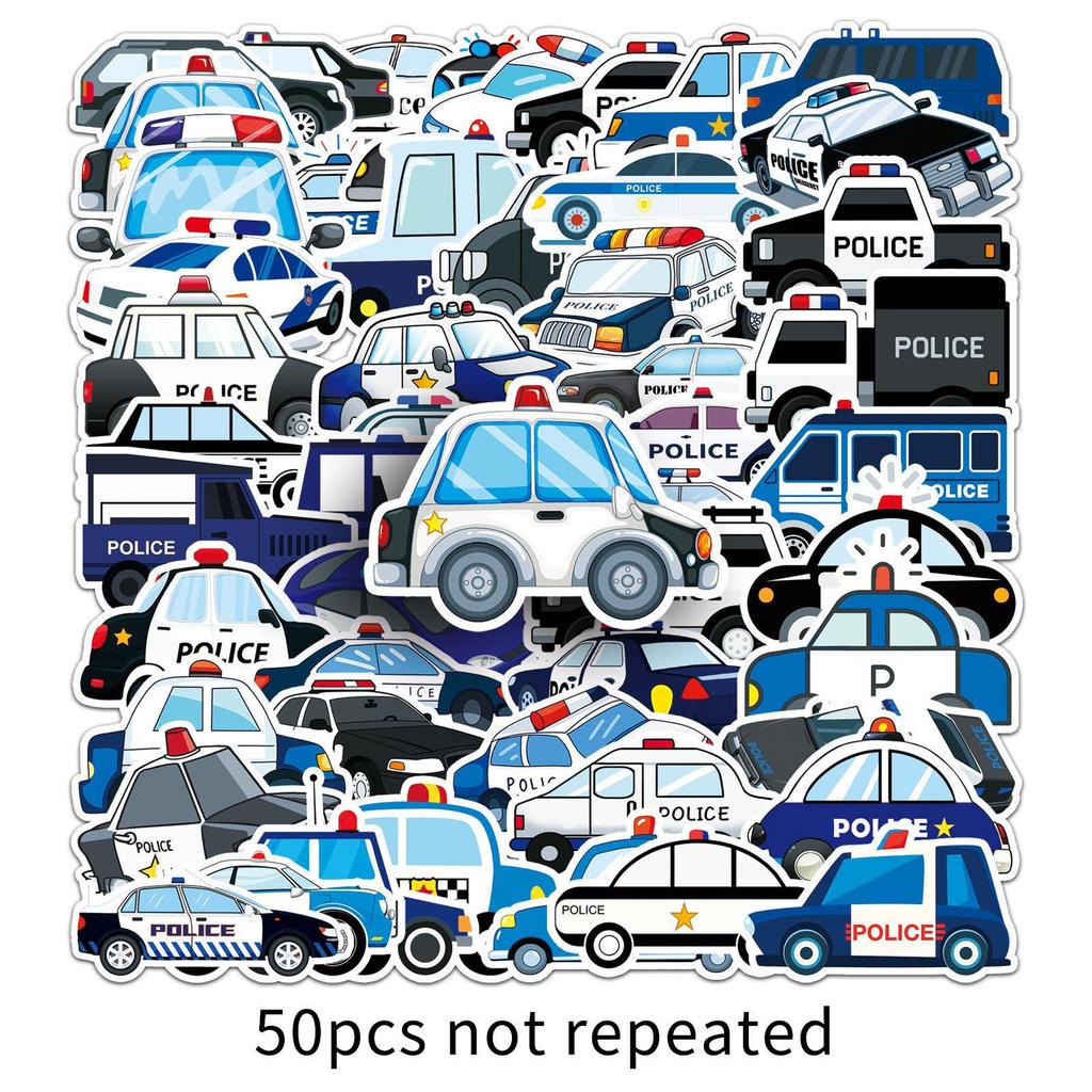 50 Police Car Cartoon Suitcase Stickers: Trendy Graffiti Laptop & Car Decorations