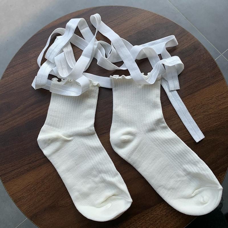 Balletcore Lace-Up Socks with Ruffled Cuff, Sweet Lolita Ribbed Crew Socks for Women, Y2K Aesthetic Leg Warmers Accessories