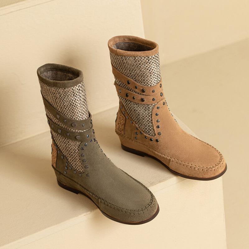 Fashion Cow Suede Rivet Belt Buckle Round Head Low Heeled Short Boots Fashionable Winter Tassel Short Plush Women's Ankle Boots Size 43