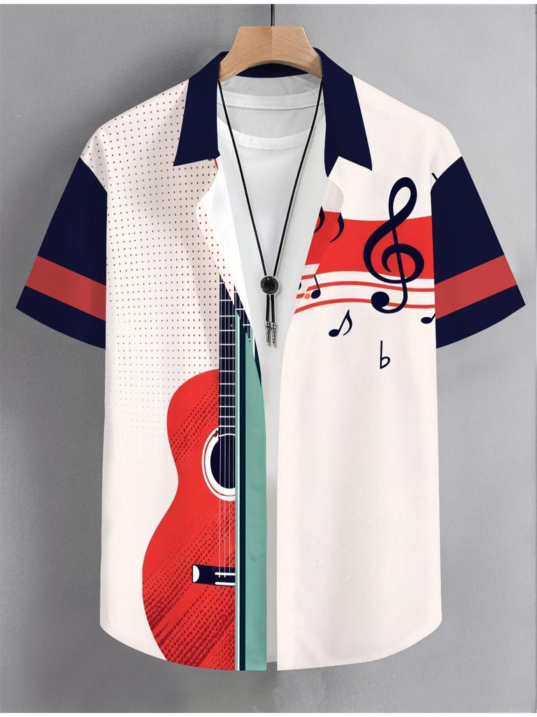 Printed Design – Not Textured Men's Summer Vintage Acoustic Guitar Hawaiian Shirt, Suitable for Music Festivals and Daily Wear