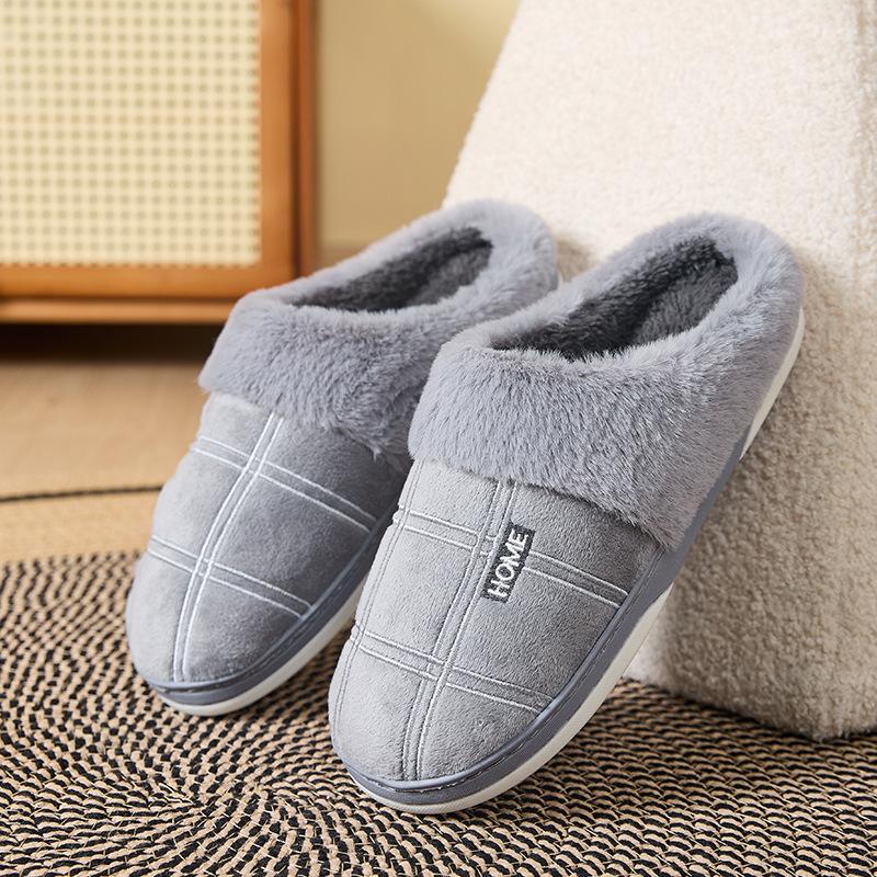 Soft Flannel Flu Plaid House Slippers Men Comfortable Memory Foam Cushion Warm Living Room Shoes Slip-On Winter Indoor