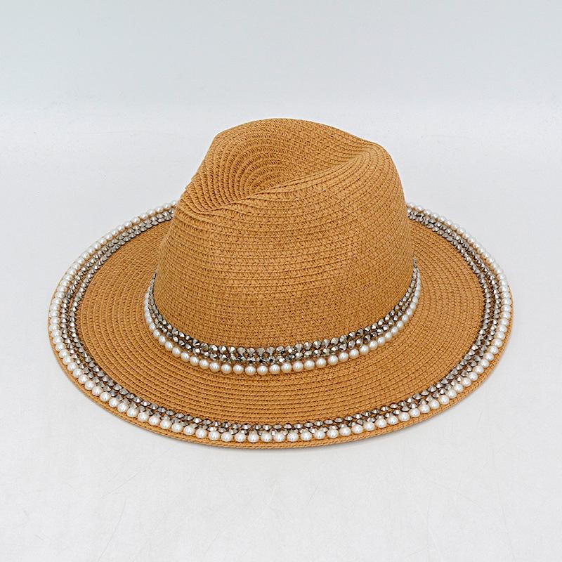 Woven Lafite Pearl Straw Hat British Style Hot Diamond Top Hat Outdoor Trend Sun Protection Big Brim Sun Hat