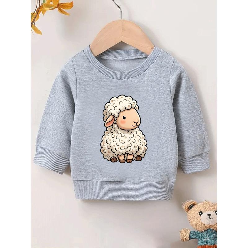 European Size Cartoon Lamb Print Pattern 0-3 Years Comfortable Spring Lightweight Crew Neck Sweatshirt, Adorable Design Suitable for Outdoor Wear