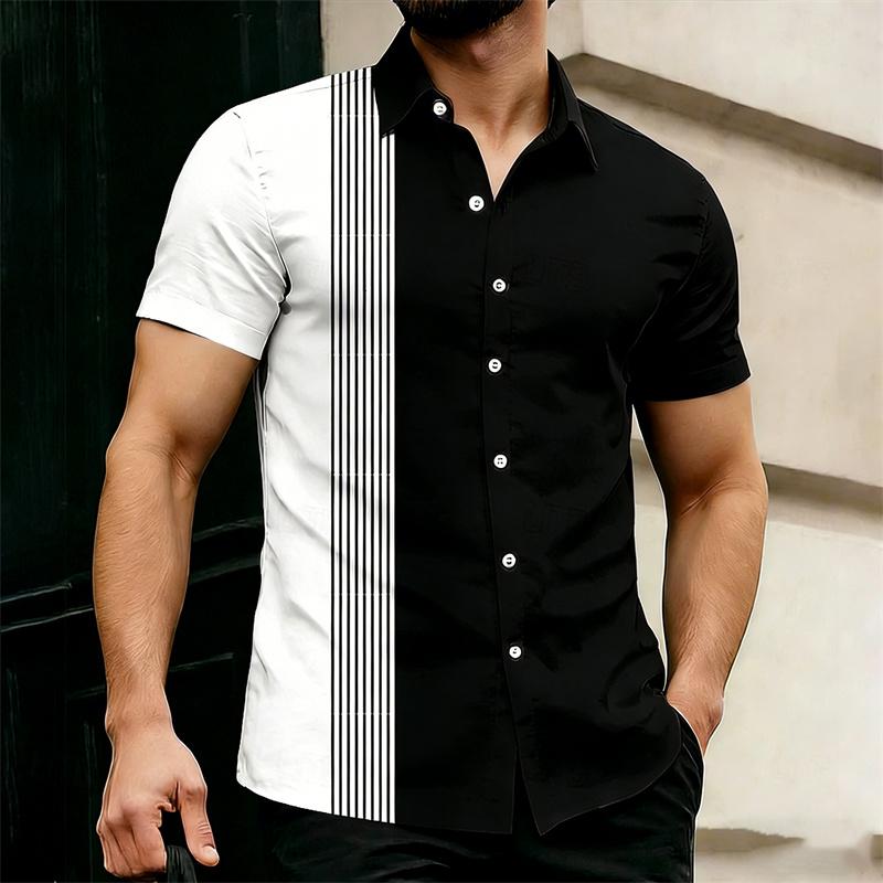 2026 Hot-Selling Summer Men's Color Block Striped Short-Sleeve Shirt, Outdoor Casual Slim Fit Collared Shirt, Hawaiian Shirt