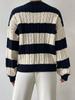 New Autumn Lazy Loose V-Neck Cable Knit Striped Sweater Long Sleeve