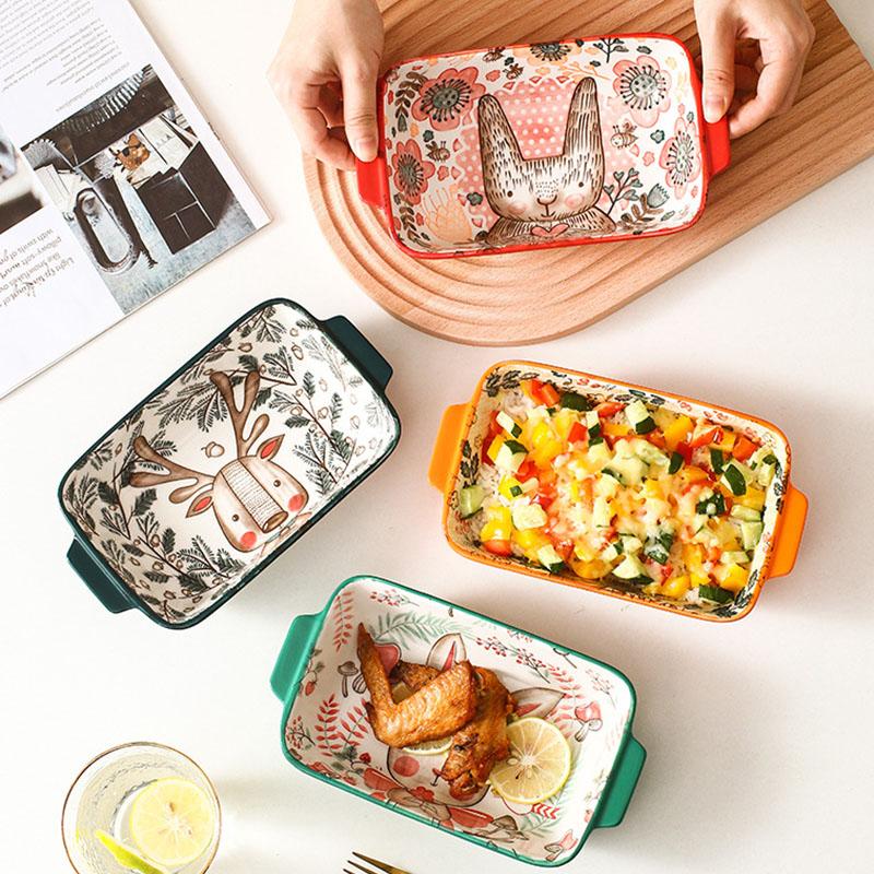 Ceramic Bakeware With Handle Forest Animals Baking Pan Underglaze Kitchen Tableware Salad Bowl Au Gratin Dishes