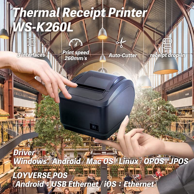 Wasin Tech WS-K260L Receipt Thermal Printer, USB, LAN, Bluetooth Compatible, 80mm Receipt Width, ESC/POS, Loyverse, SalonPosLINQ2, Receipt System, Win
