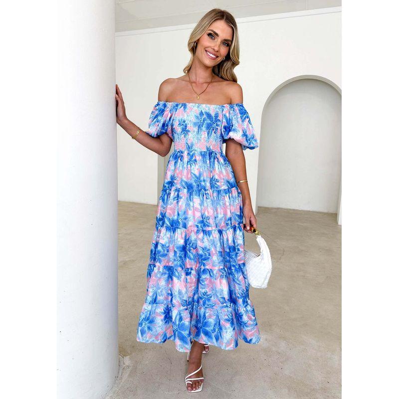 2025 Europe and America Cross Border Spring/Summer New Arrival off-Neck Print Puff Sleeves Silm Mid-Length Tulle Tutu Dress Dress