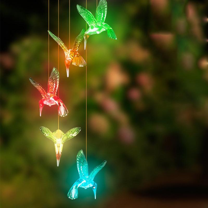 Färgglad Solcellsdriven Vindklocka Kolibri Vattentät Vindklocka Solcellsljus