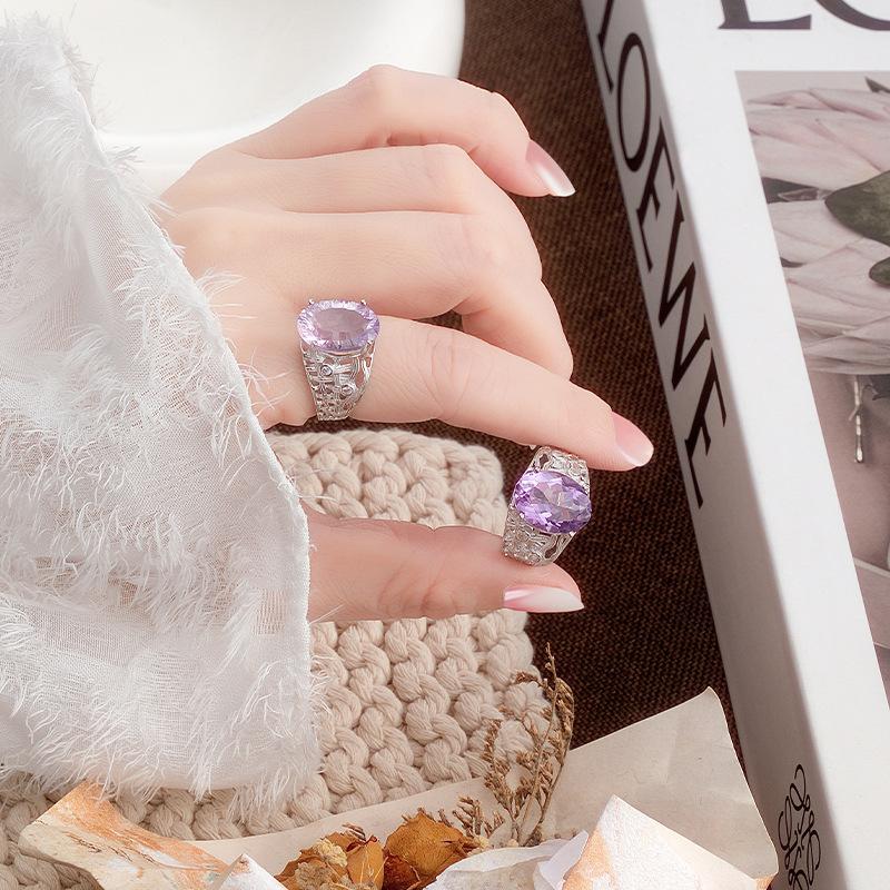 S925 sterling silver ring women's inlaid natural crystal stone topaz retro court style light luxury adjustable hand jewelry