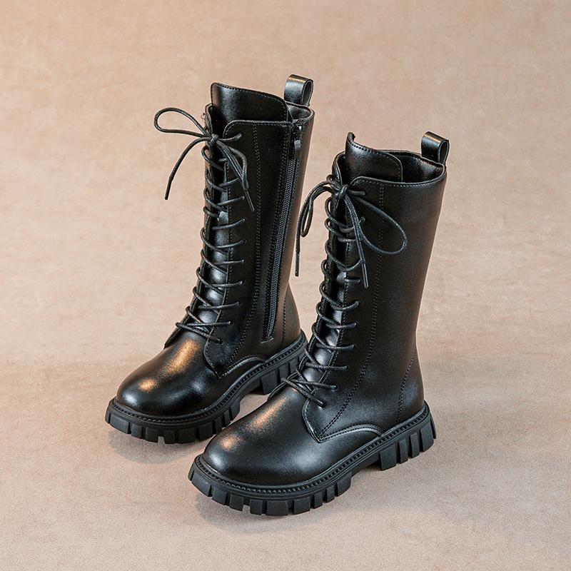 Kids Girls Mid-calf Boots Black Narrow Band Non-slip 2024 Solid Color Princess Catwalk Shoes Children Versatile Free Shipping