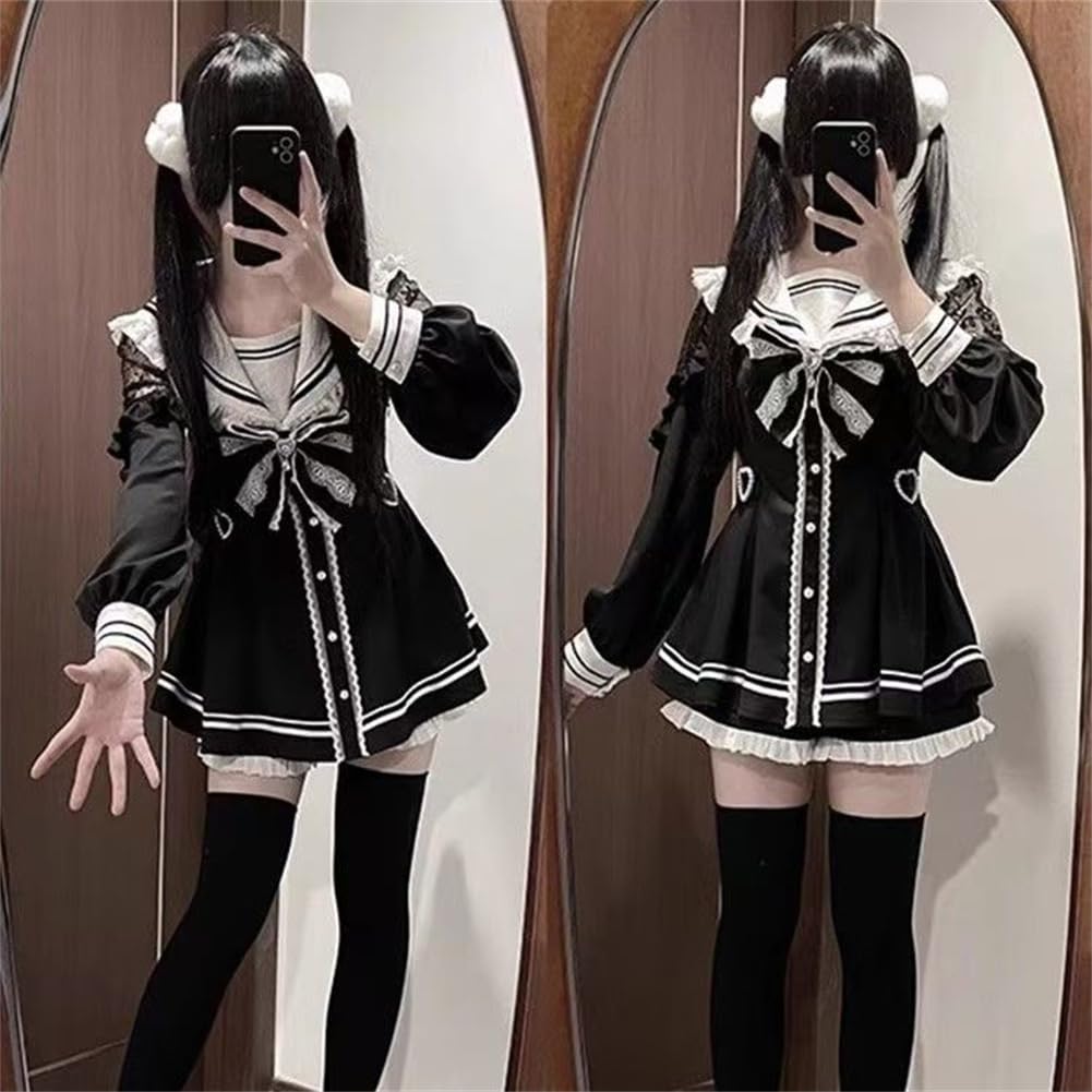 Long Sleeve Dress with and Lolita Sailor and Switching Stylish for and Winter [SDSXZWG] Women's Shorts, Lace, Ribbon, Ruffles, Girly, Feminine, Style,