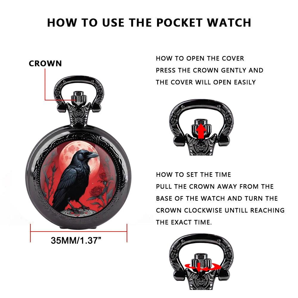 10pcs/lot Raven Red Moon Rose Black Quartz Pocket Watch Vintage Women Necklace Arabic Chain Clock Men Gifts Relgio