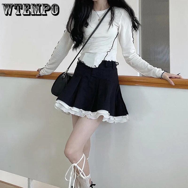 WTEMPO Süße Kawaii Japanische Faltenröcke mit hoher Taille für Mädchen Frühling Sommer Preppy Style Schwarz Weiß Miniröcke