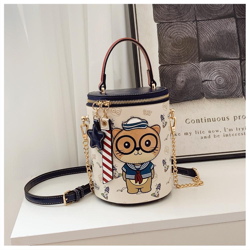 BEIBAOBAO New Cute Cartoon Cat Round Handbags High Texture PU Waterproof Women's One Shoulder Bag Popular Niche Small Basket Bags for Goddess Day Gift